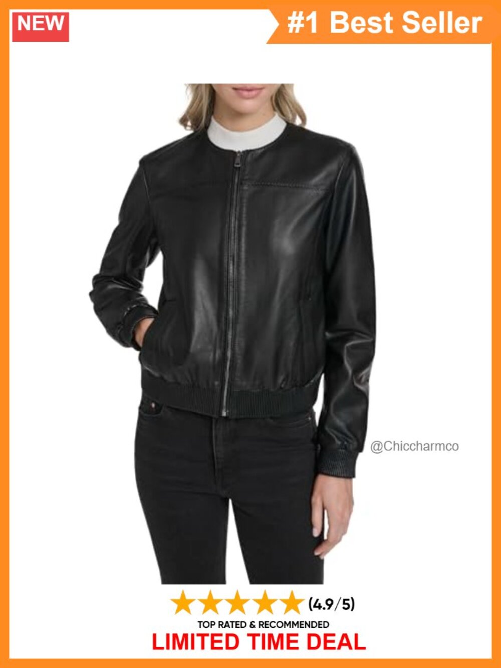 Hand-Stitched Collarless Leather Bomber Jacket Zip Long Sleeve
